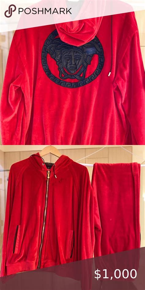 mens versace red velour hoodie|Versace sweatsuit for men.